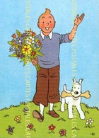 TINTIN Saluant Avec Un Bouquet De Fleurs Et Milou Et Son Os Carte Offerte Par Les Biscuits Delacre Moulinsart 2004 - Hergé