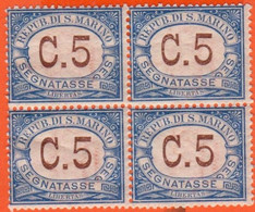 Repubblica Di San Marino - 1925 - 5c - Segnatasse - Quartina - Blocco Di 4 - Nuovo - New - Timbres-taxe