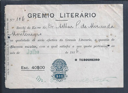 Recibo Do Grémio Literário Com Imposto De Selo $10 Impresso, 1936. Grémio Literário Receipt With Printed $10 Stamp Duty - Lettres & Documents