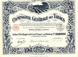 Compagnie Gènerale  Des Tabacs - Sede Sociale Parigi - Azioni Privilegiate Al Portatore Da 100 Franchi - Agriculture