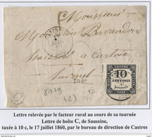 Lettre De Castries (herault ) Du 17/7/1860 Taxée Avec 10 (YT T 2) Oblitéré Avec T15  + Boîte Rurale C De Saussine - 1859-1955 Covers & Documents