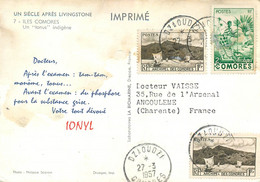 COMORES - DZAOUDZI - 27 MARS 1957 - POSTCARD - TROIS TIMBRES - BEAUX CACHETS - Lettres & Documents