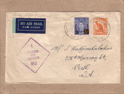 LETTRE AIR MAIL POUR PERTH AUSTRALIE CAD " A. F. P. O. N° 72 " TIMBRES GEORGES VI 3 1/2 D ET KANGOROO 1/2 D CENSOR 1944 - Cartas & Documentos