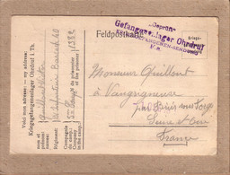 ALLEMAGNE ESSONNE - KRIEGSGEFANGENENSENDUNG - CARTE CAMP DE OHRDRUF SOLDAT QUILLOUT POUR VAUGRIGNEUSE + CONTRÔLE - 1916 - Covers & Documents