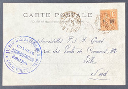 France Cochinchine Carte Timbre Franchise Militaire N°1 15c Mouchon Obl Saigon + Cachet 11e Regt Dinfanterie De Marine - Brieven En Documenten