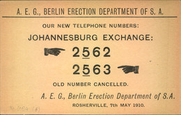 1910 Ca, Stat. Card With Adertisment A.E.G. BERLIN ERECTION DEPARTEMENT Of S.A. - Transvaal (1870-1909)