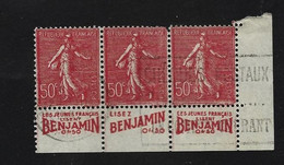 Bande De 3   50 C Semeuse  Oblitere Avec  Publicite   Benjamin - 1903-60 Säerin, Untergrund Schraffiert