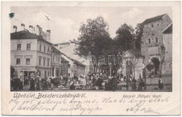 T3 1902 Besztercebánya, Banská Bystrica; Mátyás Tér, Piac, Steiner B. és Reisz Miksa üzlete / Square, Market, Shops (fa) - Non Classificati