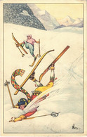 * T3 1928 Síbaleset, Humor. Téli Sport Művészlap / Ski Accident, Humour. Winter Sport Art Postcard. A. Ruegg 557. Artist - Unclassified