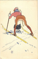 ** T2 Síelő Hölgy. Humoros Téli Sport Művészlap / Skiing Lady. Humorous Winter Sport Art Postcard, Litho - Unclassified