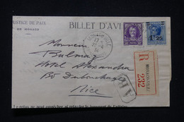 MONACO - Billet D'Avis Du Tribunal De Monaco Pour Nice En Recommandé En 1934  - L 95111 - Covers & Documents