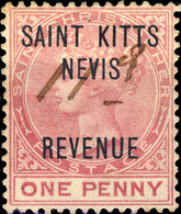 St.KITTS-NEVIS - Ca.1885 - SG R1 1d Rose REVENUE Stamp - Wmk Crown CA - Fine Used (manuscript) - St.Cristopher-Nevis & Anguilla (...-1980)