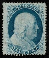 STATI UNITI 1857 1C BLUE BENJAMIN FRANKLIN MINT SMALL PART O.G. SCOTT #24 UNIF. N.9 - Unused Stamps
