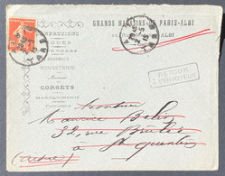 Lettre Publicitaire 1915 Semeuse 138 D'Albi Pour St Quentin + Retour à L'envoyeur + Dateur Lieu De Destination Envahi ! - 1906-38 Sower - Cameo
