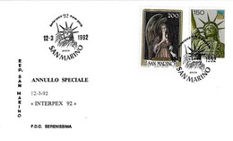 SAN MARINO - 1992 NEW YORK Mostra Filatelica Interpex (statua Della Libertà) Su Busta Serenissima - 229 - Cartas & Documentos