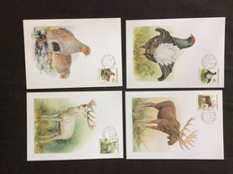 4 Cartes Maximum Animaux  Protégés  : Perdrix Grise , Tétras Lyre , Cerf , Élan - FDC