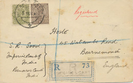 INDIA 1931, GV 4 Annas And 1 Anna (coil- Or Bookletstamp) On Fine Registered Cover From „MENARES CANT“ To BOURNEMOUTH - 1911-35 King George V