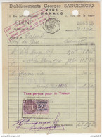 Au Plus Rapide Timbre Fiscal Monaco 10 Août 1943 Sangiorgio Vins Facture Pascal Chef De Gare Griffe Taxe Perçue Pour ... - Steuermarken