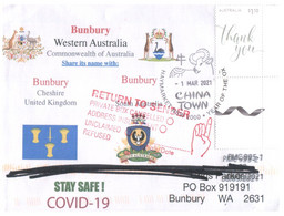 (NN 19) City Of Bunbury (WA) Share It's Name With Same In SA & UK - Stay Safe / COVID-19 - RTS (Thank You Stamp) - Cartas & Documentos