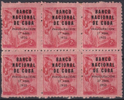 1950-235 CUBA REPUBLICA 1950 2c BANCO NACIONAL BLOCK 6 GOMA ORIGINAL MANCHAS. - Unused Stamps