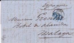 ESPAGNE - 1859 - LETTRE De PARIS Pour MALAGA Avec TAXE TAMPON De 2 REALS - AMBULANT PARIS AUX PYRENEES Au DOS - Lettres & Documents