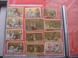 A1880 à 1890 - 12 Chromos Arlequin Pierrot, Theatre, Humour,  Hand Press Litho Cards By Vieillemard & PUB Printers - Sonstige & Ohne Zuordnung