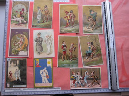 1880 à 1890 - 10 Chromos Arlequin Pierrot, Theatre, Humour,  Hand Press Litho Cards By Boisdin & PUB Printers - Other & Unclassified