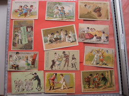 1880 à 1890 - 12 Chromos Arlequin Pierrot, Theatre, Humour,  Hand Press Litho Cards By Testu & PUB Printers - Other & Unclassified