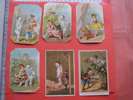 Circa 1870 à 1890 -  6 Chromo Cards  Arlequin Pierrot, Humour,  Litho Cards Printed By PUB Tessé à ANGERS, THIERS à LYON - Sonstige & Ohne Zuordnung