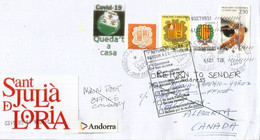 Lettre Andorre Adressée Au Canada (Calgary Pendant Confinement Covid19 ,refused, Return To Sender, Timbres à Date Clairs - Sobres Conmemorativos