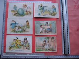 Circa 1870 à 1890 -  6 Chromo Cards  Arlequin Pierrot, Humour,  Litho Cards Printed By PUB 4 LOUIT & 2 Courbe Rouzet - Other & Unclassified