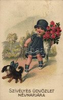 T2/T3 1928 Szívélyes üdvözlet Névnapjára / Name Day Greeting Card, Girl With Dog. Litho (fl) - Non Classificati