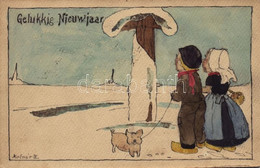T2/T3 1922 Gelukkig Nieuwjaar / Hand-drawn And Painted New Year Greeting Art Postcard, Dutch Folklore S: Molnár K. - Non Classificati