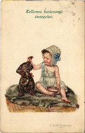 T2/T3 1923 Kellemes Karácsonyi ünnepeket! / Christmas Greeting Art Postcard, Dachshund Dog With Child. Bauer & Tarnai Se - Non Classificati