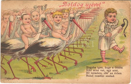 T3 1902 Boldog Újévet! / New Year Greeting Art Postcard, Children Riding Storks. Litho (EB) - Non Classificati