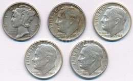 Amerikai Egyesült Államok 1944. 1d Ag "Mercury" + 1957-1964. 1d Ag "Roosevelt" (4x) T:2,2- USA 1944. 1 Dime Ag "Mercury" - Unclassified