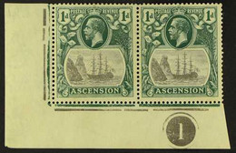 1924-33 1d Grey-black And Deep Blue-green PLATE NUMBER PAIR From The Lower-left Corner, The Corner Stamp With CLEFT ROCK - Ascension