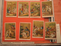 Circa 1880 - 8  Chromo Cards  Aventure De Pierrot , Litho Succ Romanet éd.  - Pub MONTESQuieu Bordeaux, Williot à Poix - Sonstige & Ohne Zuordnung