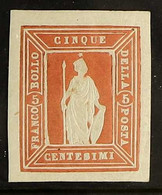 1862 THERIG ESSAY 5c Orange-brown Minerva Imperf Embossed Essay Inscribed 'Francobolo Della Posta', Mint, Four Large Mar - Unclassified