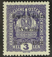 TRENTINO-ALTO ADIGE 1918 "Regno D'Italia / Trentino / 3 Nov. 1918" Overprint 3h Violet WITHOUT STOP After "nov", Sassone - Unclassified