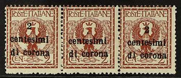 TRENTO & TRIESTE 1919 2c On 2c Dark Red-brown Overprint (Sassone 2, SG 63), Never Hinged Mint Horizontal STRIP Of 3 With - Unclassified