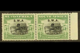 1927 5s Black And Green, Bi-lingual Pair, Ovptd S.W.A., Variety Left Stamp "without Stop After A", SG 66a, Fresh Mint, S - South West Africa (1923-1990)