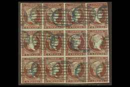 1855 2r Dull Purple On Bluish Watermarked Paper, SG 49 (Edifil 42), Used BLOCK OF TWELVE With 4 Margins And Neat Blue Ov - Andere & Zonder Classificatie