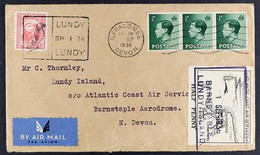 LUNDY ISLAND 1936 (1 Sep) Flown Cover Bearing Lundy ½ Puffin Tied By Bb Lundy Cancel, Atlantic Coast Services ½d And GB  - Altri & Non Classificati
