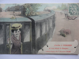 FEIGNIES J ARRIVE A FEIGNIES ET VOUS ENVOIE LE BONJOUR CARTE COLORISEE - Feignies