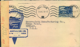 1941, Illustrated Envelope From DURBAN With Censor To Indiana, USA - Storia Postale