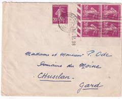 SEMEUSE - 1937 - BLOC De 4 COIN DATE ! Sur ENVELOPPE De AVIGNON (VAUCLUSE) => CHUSCLAN (GARD) - 1906-38 Sower - Cameo