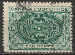 Canada 1898 Sc E1b  Special Delivery Used Yellow Green Damaged Corner - Eilbriefmarken
