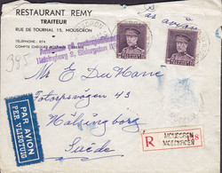 Belgium RESTAURANT REMY Traiteur PAR AVION & Registered Recommandé Label MOUSCRON 1935 Cover Lettre Sweden (2 Scans) - 1929-1941 Groot Montenez