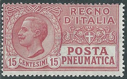 1927-28 REGNO POSTA PNEUMATICA 15 CENT ROSSO MH * - RE15-2 - Pneumatic Mail
